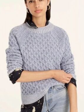 J Crew Honeycomb Rolled Neckline 100% Cashmere Cable Knit Sweater Blue S